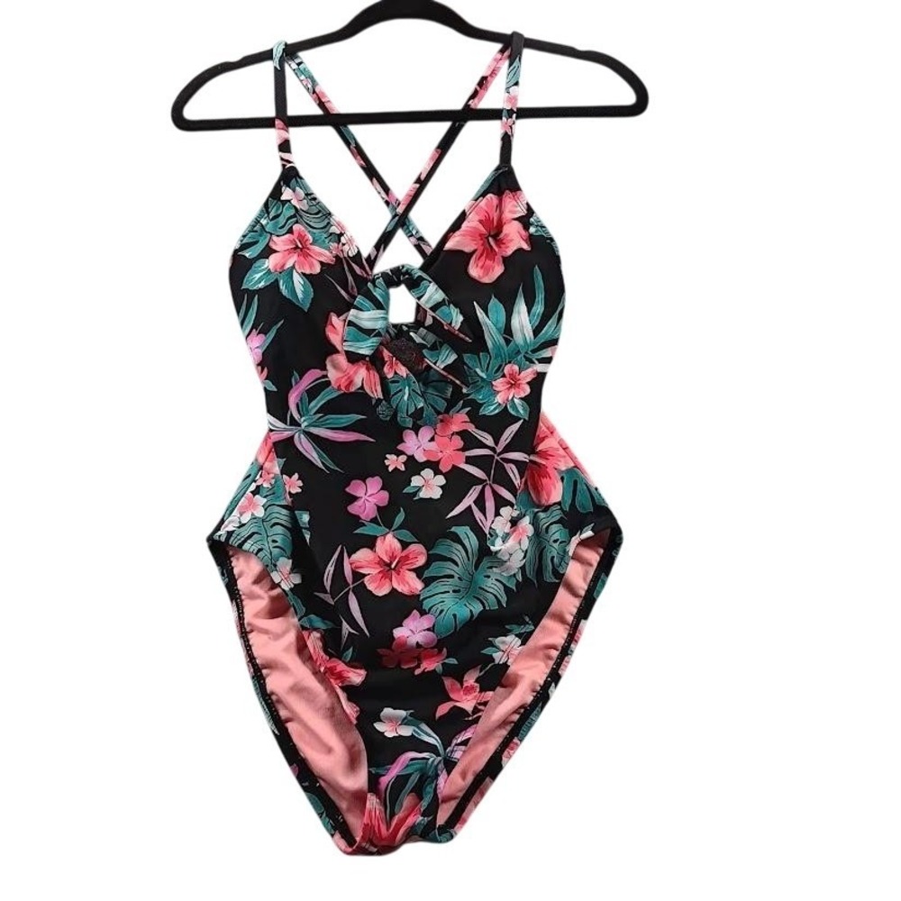 Shade & Shore One Piece Swimsuit Womens Medium Multicolor Tropical Strappy Swim